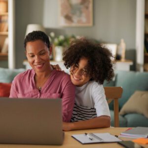 Mother and child smiling at laptop together.