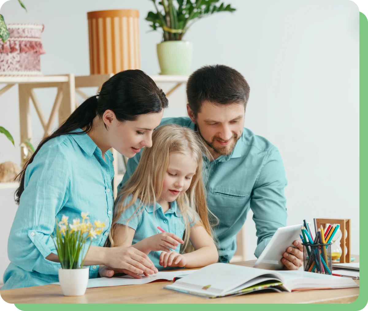 Family reading and learning together at home.